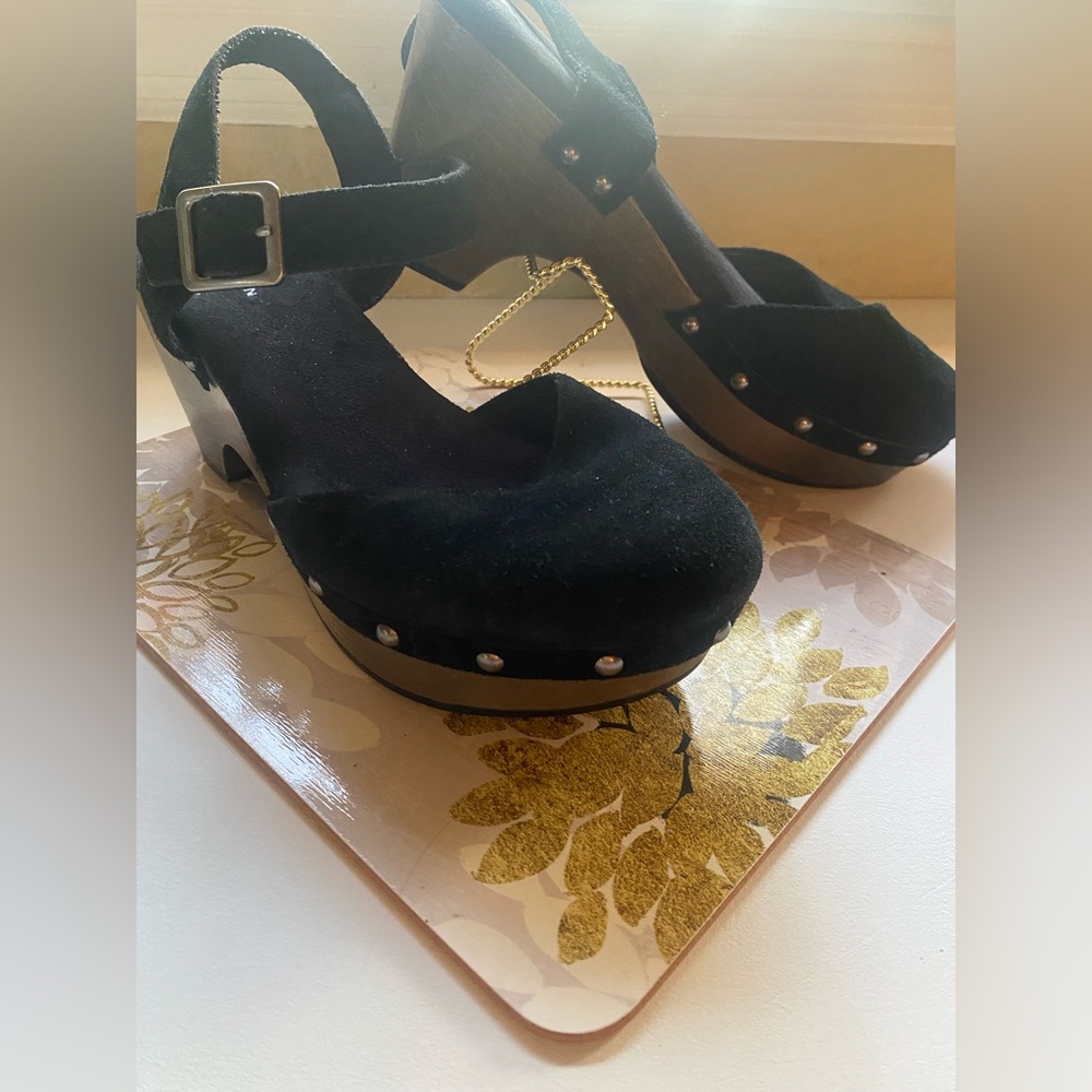 Black Suede Platform Clogs with ankle strap